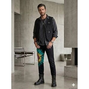 Golden Denim Mens Y2K Blk Multicolor Tie Dye Distress Slim Jeans Snap Cuffs 36